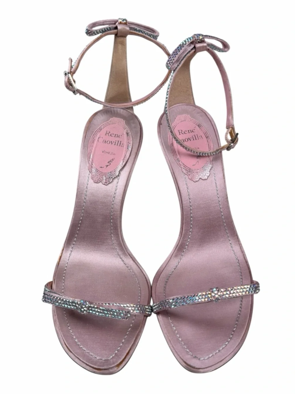 Rene‎ Caovilla Pink Satin Bow Embellished Heeled Sandals Women’s Sz 35 / 5